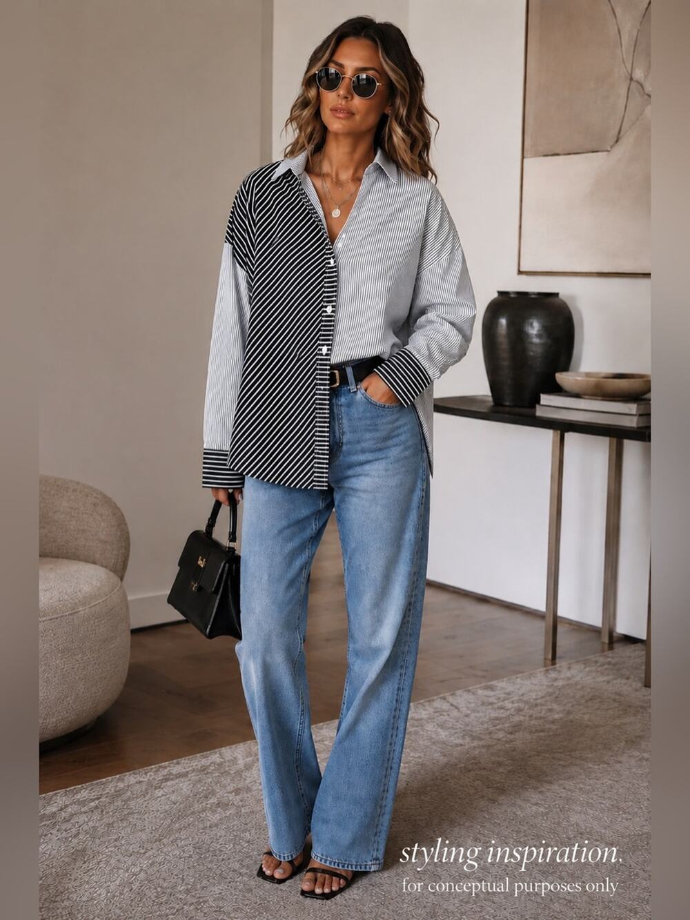 Shirt-Steve Madden Black & White Split-Stripe Button Down Shirt